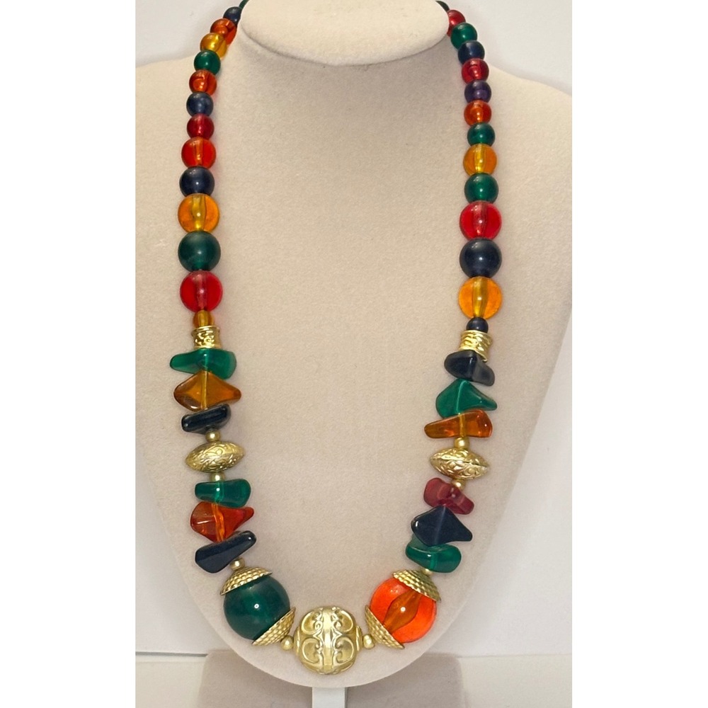 1980s Bold Multi Color Lucite Resin Bead Statement Necklace Ornate Medallion